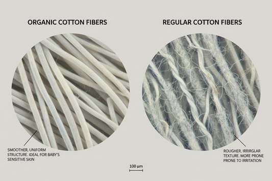 Microscopic view of organic cotton fibers vs regular cotton showing the smoother texture of softest baby clothes India.